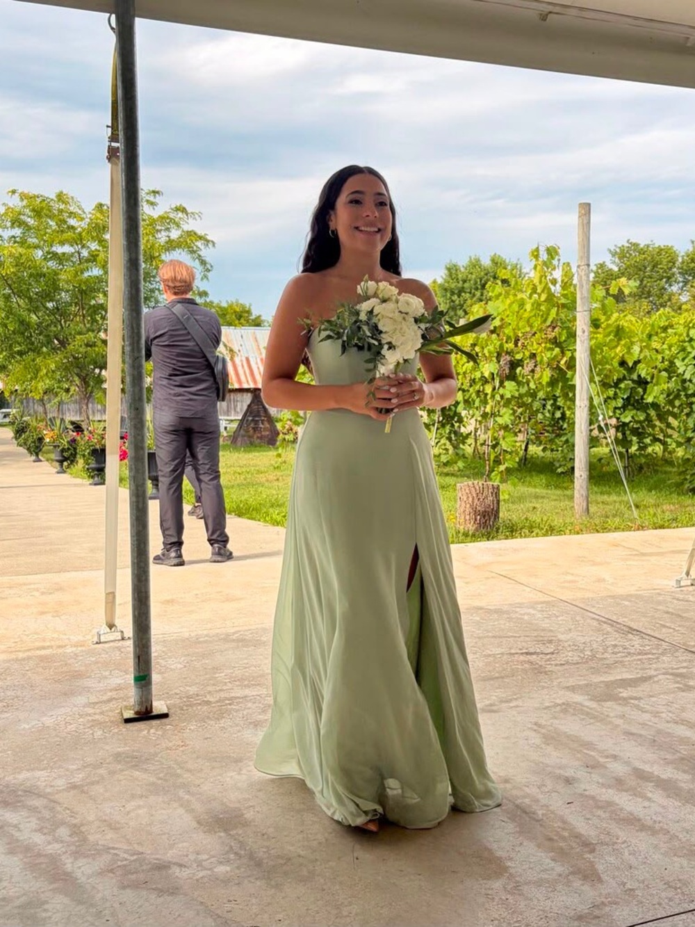 Azazie Strapless Sage Green Evening Gown with Slit